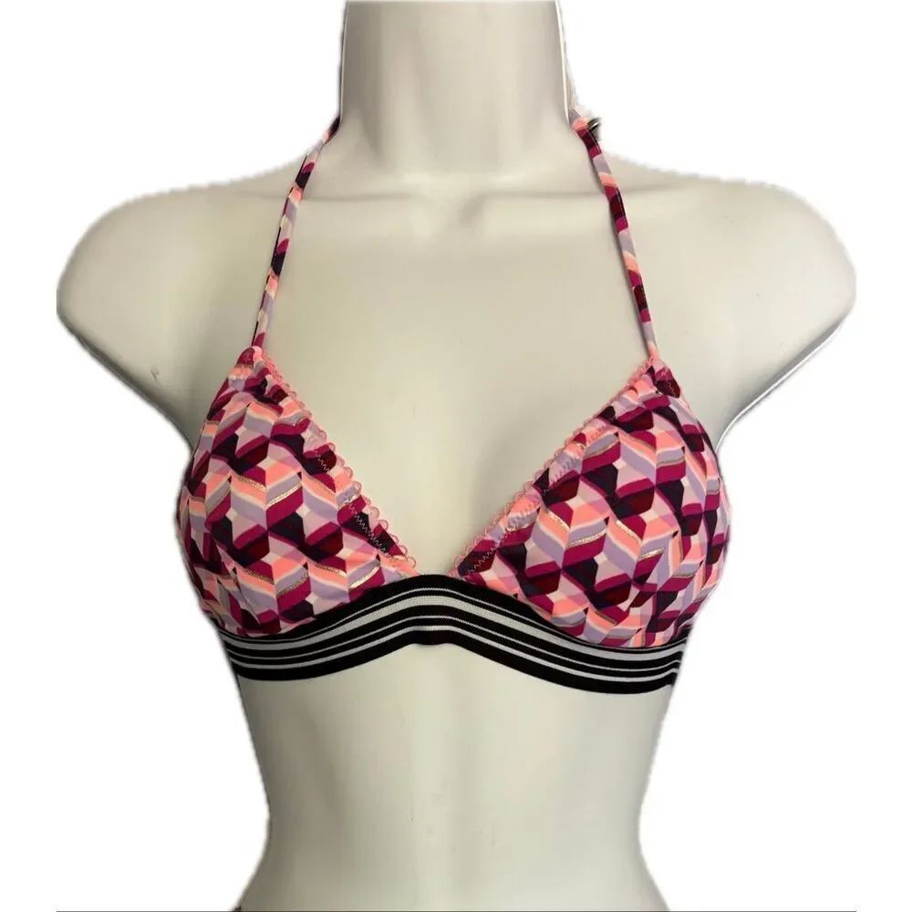 Victorias Secret Swim GEO Halter Triangle Banded Padded Neon Bikini Top Sz S GUC